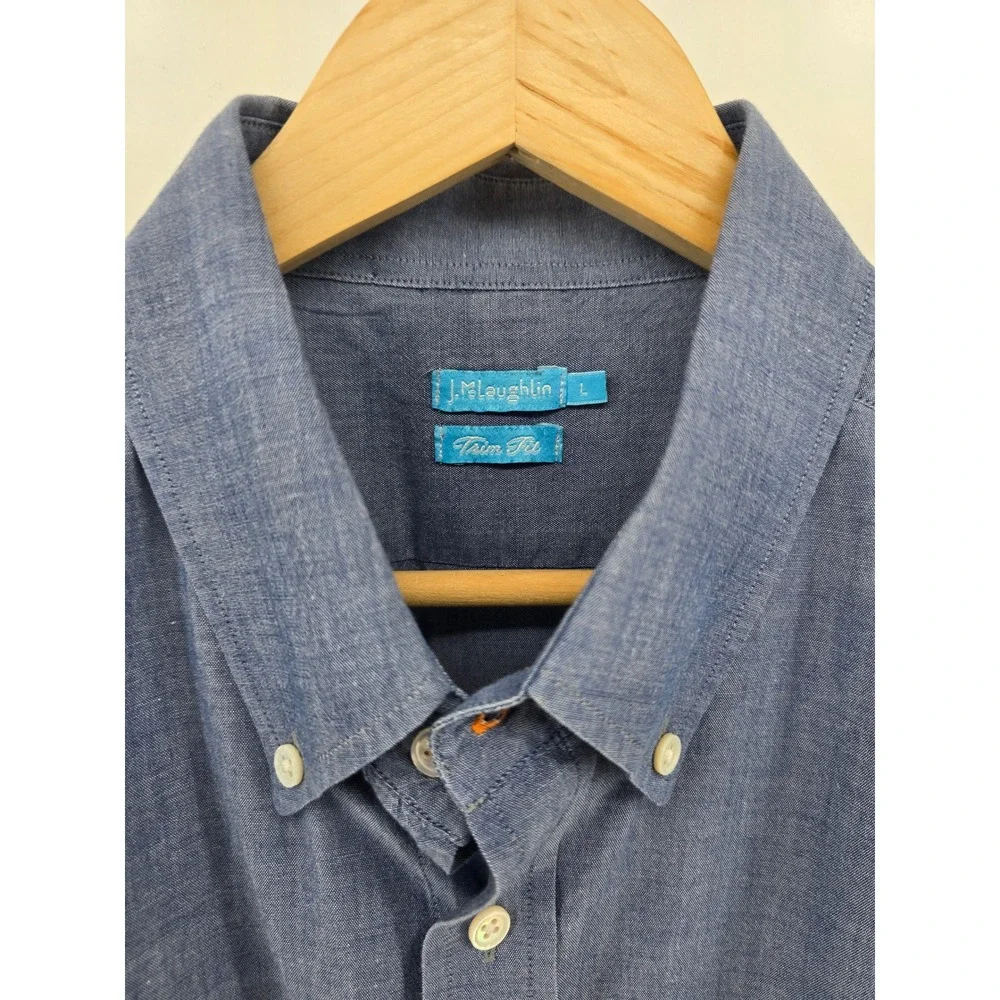 J.McLaughlin Button Down Shirt Mens Large Blue Trim Fit Chambray Cotton Long Slv